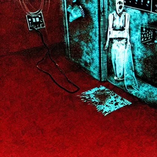 Image similar to Creepy female-ghost surrounded by cables in dirty motel room, red devil carpet | cyanotype 50's scratched photo | Aesthetics of Silent Hill 3 game