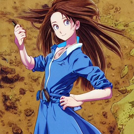 Prompt: Character design of a pretty young woman with messy light-brown hair wearing a bright blue dress and a muddy brown hiking jacket, serious expression, by Yusuke Murata, highly detailed, full-body shot