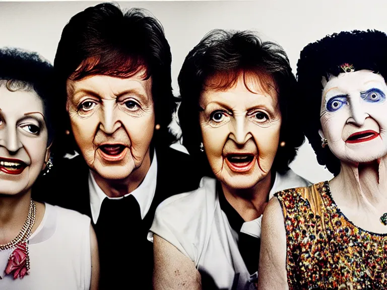 Image similar to a photo of Paul McCartney, Queen Cleopatra, and Betty White high on meth by Annie Leibovitz