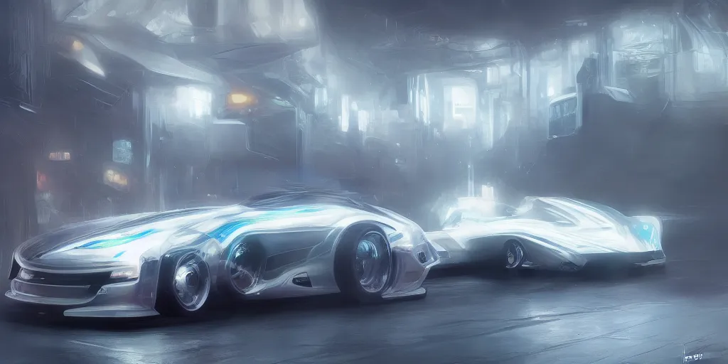 Image similar to full view of a car, painted in white holographic pearlescent, elegant, digital painting, concept art, smooth, sharp focus, art style from Wang Ke and Greg Rutkowski and Bruce Kaiser and Scott Robertson and Dmitry Mazurkevich and Doruk Erdem and Jon Sibal, small style cue from Blade Runner