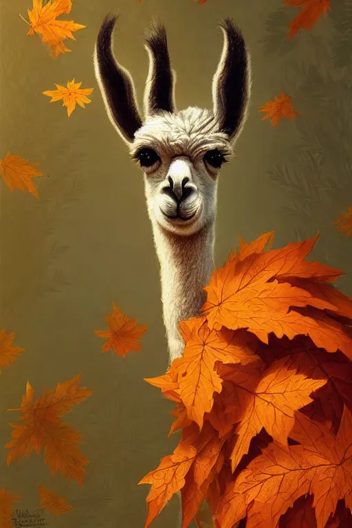 Image similar to beautiful digital painting of anthro llama, orange oak leaves, D&D, fantasy, intricate, anthro, cinematic lighting, highly detailed, digital painting, Artstation, anthro concept art, smooth, sharp focus, illustration, llama art by Artgerm and Greg Rutkowski and Rossdraws