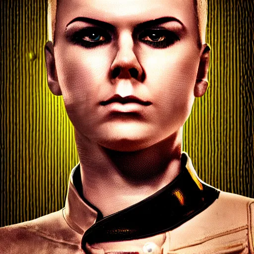 Image similar to heroic stoic emotionless butch blond handsome woman engineer with very short slicked - back butch hair, narrow eyes, wearing atompunk jumpsuit, science fiction, mike mignogna, digital art