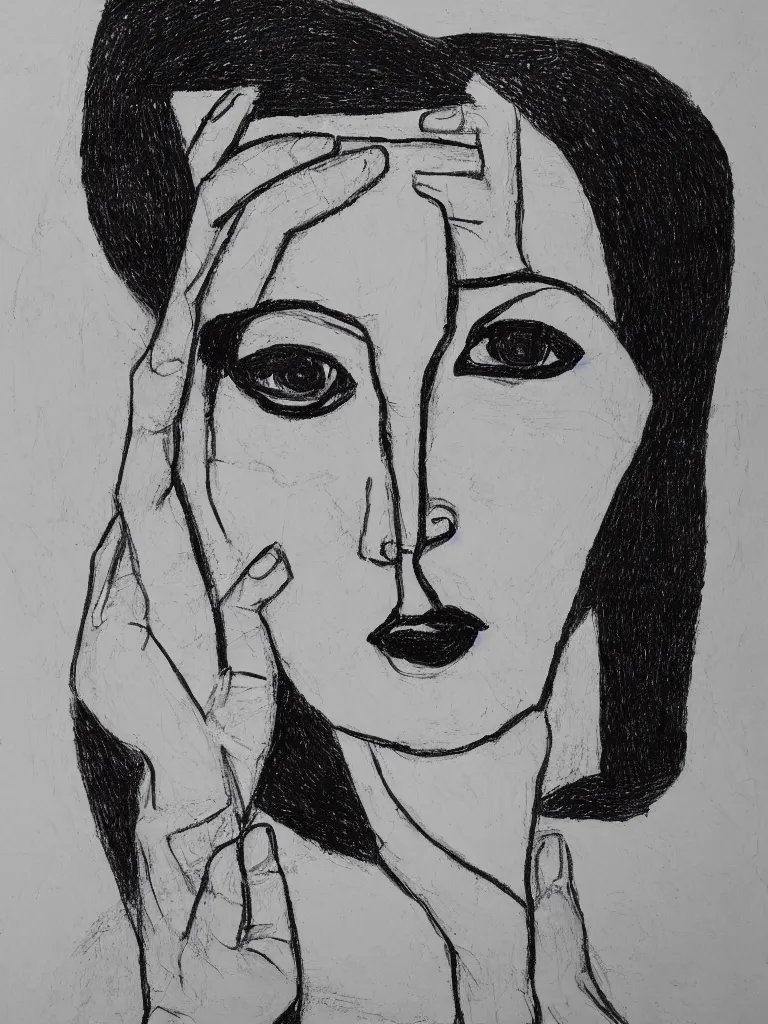 Prompt: intricate female portrait, one line drawing, bold quick sketch inspired by bauhaus, henri matisse.