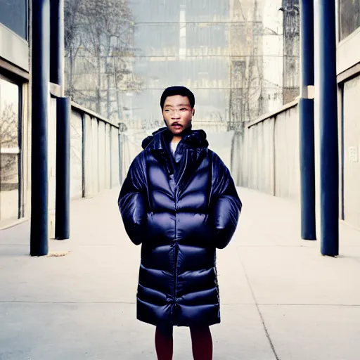 Image similar to realistic photoshooting for a new balenciaga lookbook, color film photography, portrait of a blonde asian woman, model wearing a puffer jacket, photo in style of tyler mitchell, 3 5 mm,