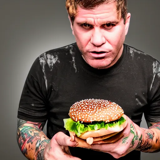 Prompt: high resolution photograph of John Joseph, the singer of the Cromags eating a cheeseburger