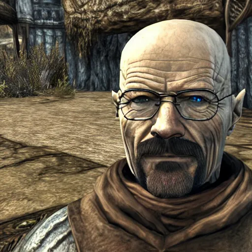 Image similar to walter white visits seyda neen, morrowind, highly detailed, realistic, elder scrolls, adventuring gear