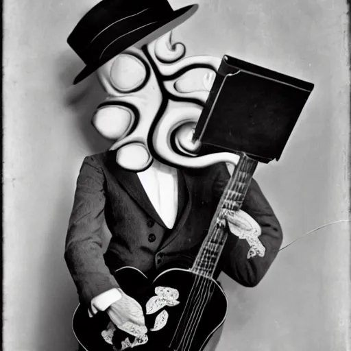 Image similar to octopus in a suit playing delta blues, 1 9 2 0 s, photograph