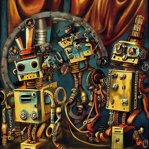 Prompt: steampunk robots dancing by otto dix