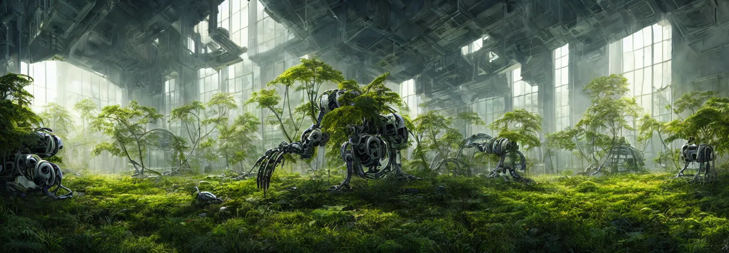 Prompt: brightly sunlit overgrown with plants and abandoned chemistry scientific laboratory from the distant future staffed by one dysfunctional dilapidated multiarmed bipedal robot, science fiction industrial hard science concept art, 8K render octane high definition cgsociety