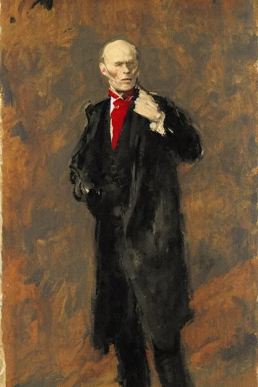 Image similar to portrait of ed harris as a gentleman wearing a a red edwardian suit by walter sickert, john singer sargent, and william open