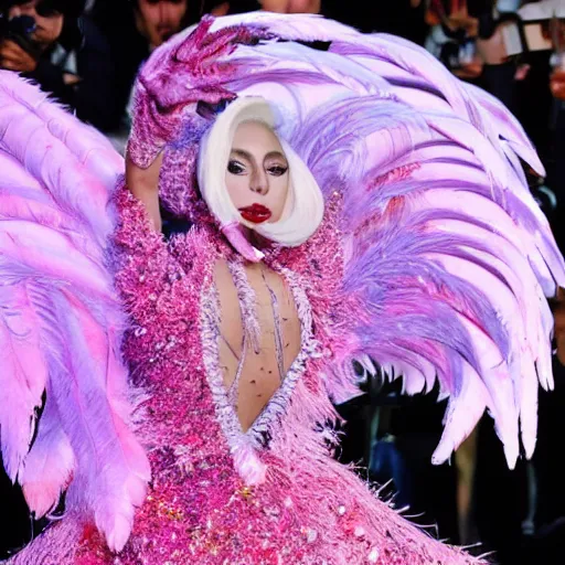 Image similar to Lady gaga in a pink dress standing in front of a crowd, a hologram by Alexander McQueen, trending on pexels, kitsch movement, made of feathers, ethereal, made of crystals