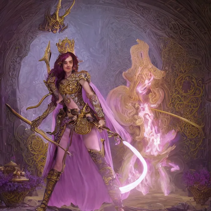 Image similar to d & d bard with her lilac leather armor in a temple, volumetric lighting, fantasy, intricate, elegant, highly detailed, lifelike, photorealistic, digital painting, artstation, fox ears, illustration, concept art, sharp focus, by john collier and albert aublet and krenz cushart and artem demura and alphonse mucha