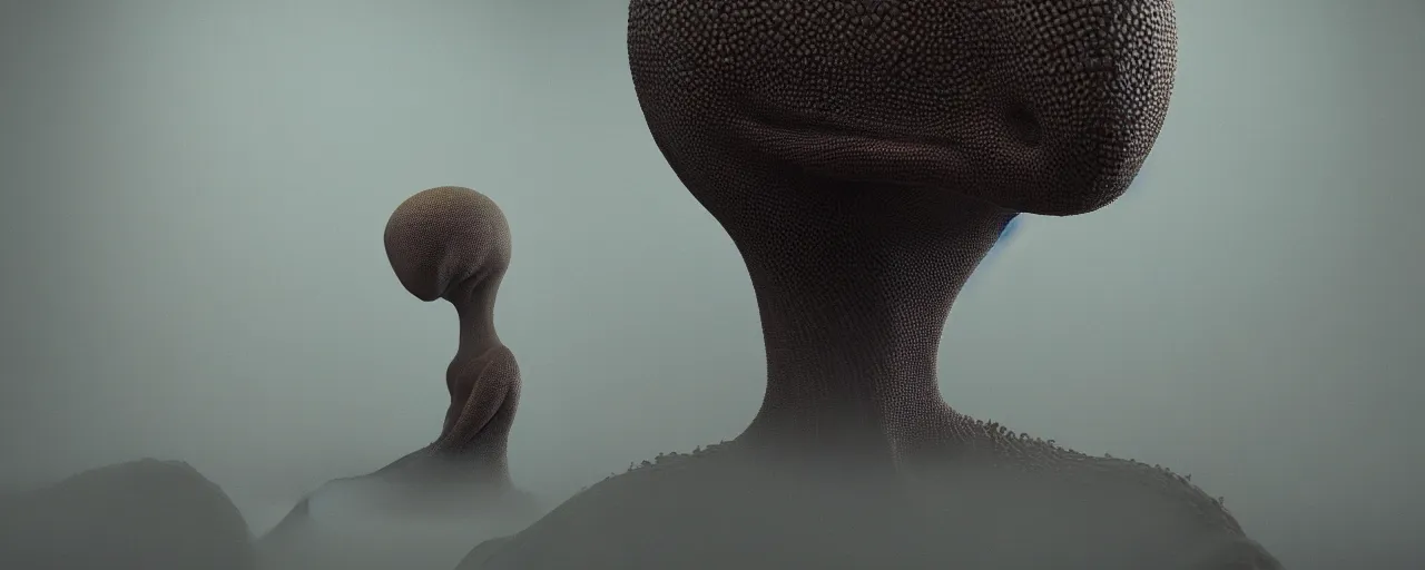 Prompt: a strange alien creature sits in the home room, film still from the movie directed by Denis Villeneuve with art direction by Zdzisław Beksiński, close up, telephoto lens, shallow depth of field, beautiful detailed intricate insanely detailed octane render, 8K artistic photography, photorealistic