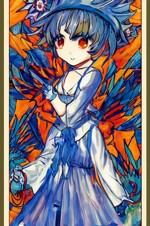 Image similar to cirno, touhou project, official artwork, intricate, amazing line work, colorful, tarot cards, the devil tarot card