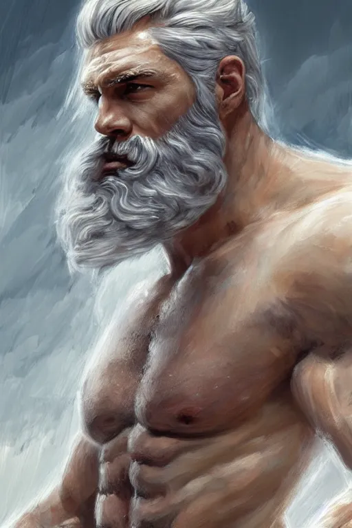 Image similar to painted portrait of rugged zeus, god of thunder, greek god, white hair, masculine, powerful, handsome, upper body, white robe, muscular, hairy torso, fantasy, intricate, elegant, highly detailed, digital painting, artstation, concept art, smooth, sharp focus, illustration, art by gaston bussiere and magali villeneuve