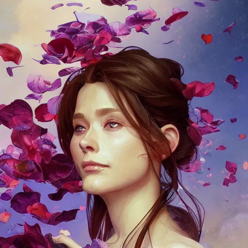 Image similar to a portrait of willem defoe looking up as flower petals flow gently as a breeze blows them from left to right on a cloudy day with blue skies, art by artgerm and greg rutkowski and magali villeneuve and alphonse mucha and rossdraws and makoto shinkai, d & d, fantasy, highly detailed, digital painting, trending on artstation