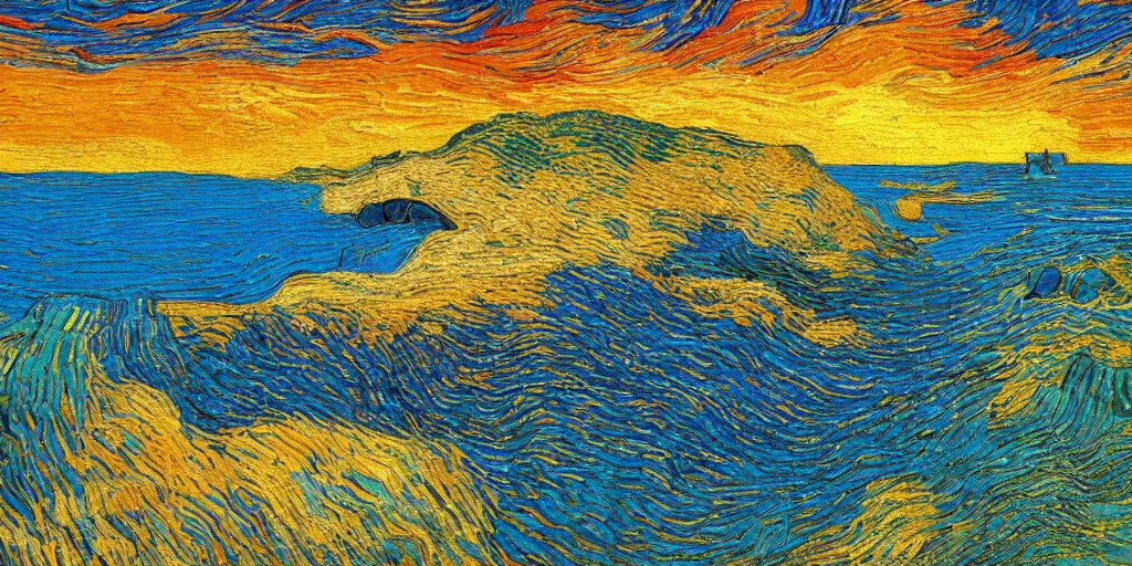 Image similar to a beach between two valley, by Salvador Dali and Van Gogh collaboration, sun set, digital art, high details, drone wide shot