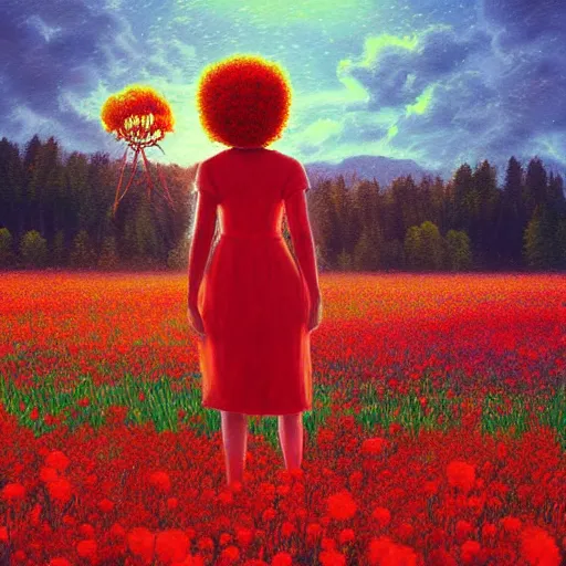 Prompt: large red flower afro, girl standing in a field with flowers, surreal photography, hills, big trees, sunrise dramatic light, impressionist painting, colorful clouds, digital painting, pointillism, artstation, simon stalenhag