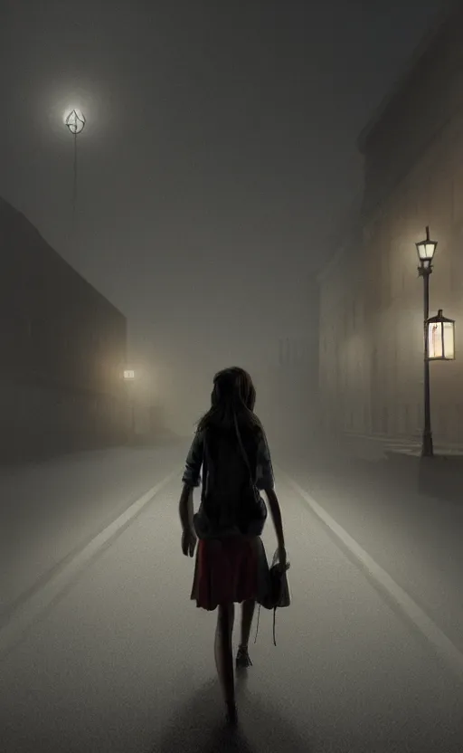 Image similar to school girl walking at night, gloomy and foggy atmosphere, octane render, cgsociety, artstation trending, horror scene, highly detailded