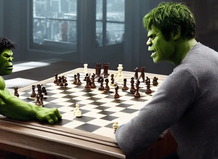 KREA - film still of hulk playing chess in the new avengers movie, 4 k