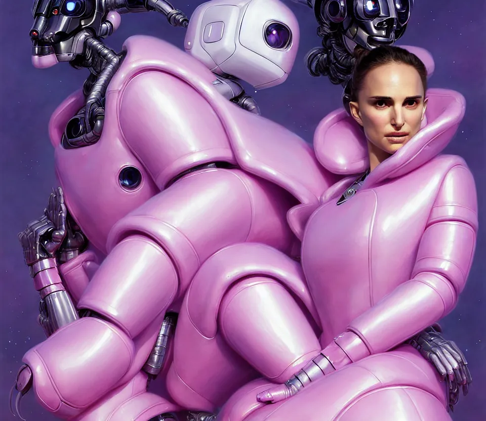 Prompt: beautiful fantasy character portrait, natalie portman, wearing pink puffy bomber jacket with white fur, decepticon robots, seductive reclining pose, futuristic chrome drones, ultra realistic, dramatic lighting, decepticon artifacts, highly detailed by peter mohrbacher, hajime sorayama, wayne barlowe, boris vallejo, aaron horkey, gaston bussiere, craig mullins