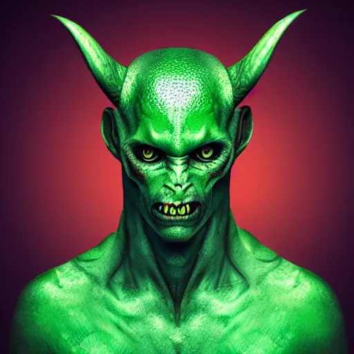 Image similar to realistic alien, medium shot portrait, devil horns,,!!!!! human eyes!!!!!!, green body. red eyes, background flames