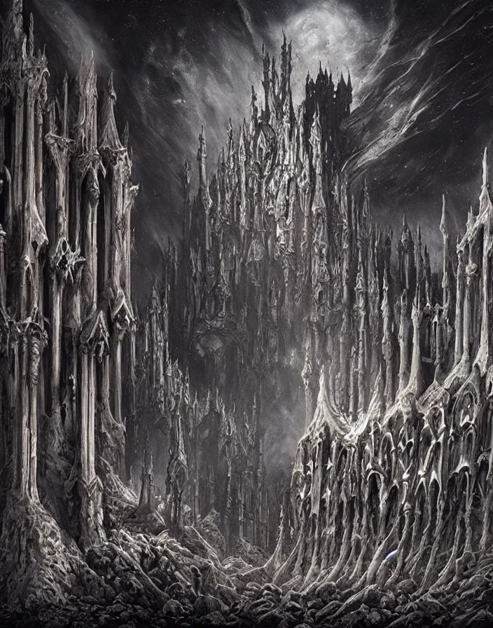 Image similar to a dark gothic castle made of skulls and bones and skeletons, tall spires, epic nebula, Dan Seagrave art