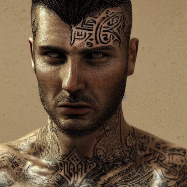 Image similar to photorealistic sepia painting of a male in a grey suit, nabatean aramaic tattoos on his skin, atmospheric lighting, brooding, painted, intricate, ultra detailed, well composed, best on artstation, cgsociety, epic, stunning, gorgeous, intricate detail, much wow, masterpiece, cinematic aesthetic octane render, 8 k hd resolution,