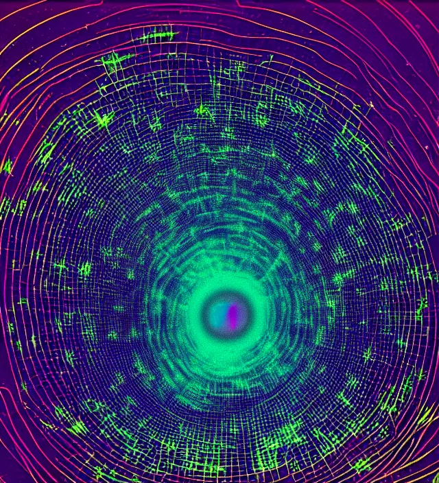 Prompt: an iridescent wormhole wireframe absorbing a galaxy, dark synthwave, aesthetic mood, vintage, sci - fi, inspired by tim white, 4 k