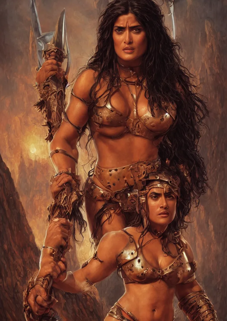 Image similar to young Salma Hayek as a barbarian from conan, detailed, centered, digital painting, artstation, concept art, donato giancola, Joseph Christian Leyendecker, WLOP, Boris Vallejo, Breathtaking, 8k resolution, extremely detailed, beautiful, establishing shot, artistic, hyperrealistic, beautiful face, octane render