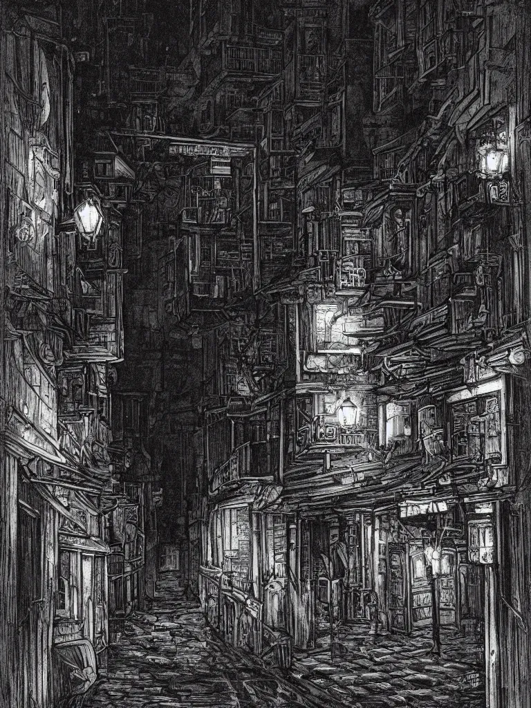 Prompt: a nightscene with a dark alley at the end an illuminated door in the style of hiromasa ogura