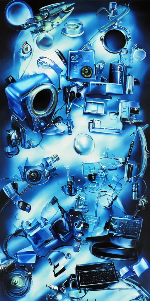 prompthunt: surreal airbrush painting of Cyber y2k aesthetic blue  translucent gadgets and shapes, surreal space, 2000s