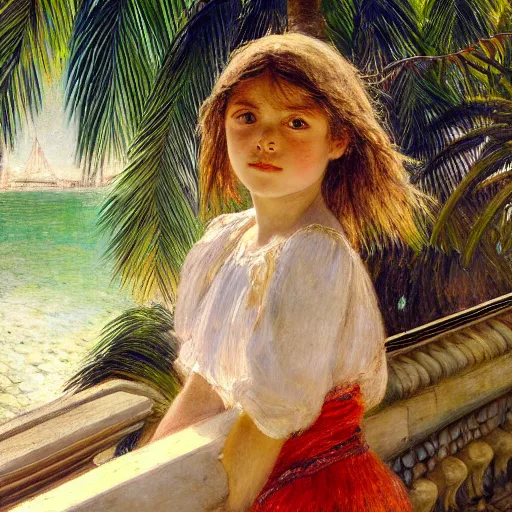 Image similar to a ultradetailed beautiful painting of a girl in the amazonas palace balustrade designed by jules bastien - lepage, hans belmer, frank weston and gustave baumann, beach, trending on artstation, mediterranean, palm trees, refracted color sparkles, sharp focus, soft light, 8 k 4 k