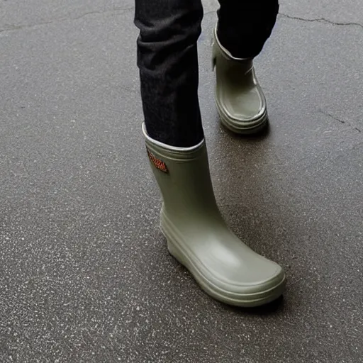 Prompt: Model wearing boots that look like Crocs, rubber boots with a pattern of circular holes