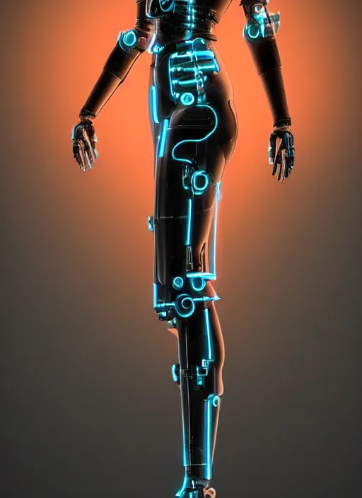 Image similar to photorealistic detailed full body picture of a female cyborg, pretty face, with head arms legs feet and hands, standing glamour pose, neon lights, humanoid, extreme, uhdr, book called the most influental cyborg in 2 0 5 0, fine details, highly detailed, intricate, smooth sharp focus, symmetrical features, environmental portrait, realistic render