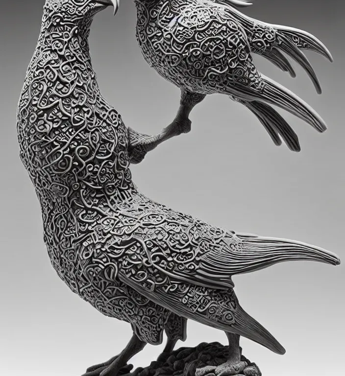 Image similar to Norse pagan raven, A Close up photo-real delicate ceramic porcelain sculpture of a symmetrical ornate detailed in front of an intricate background by Victo Ngai and takato yamamoto, micro detail, backlit lighting, face in focus, subsurface scattering, translucent, thin porcelain, octane renderer, colorful, physically based rendering, japanese pottery, trending on cgsociety