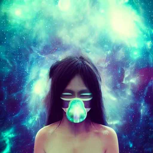 Image similar to galaxy, character, 3 d godess, fractal japanese mask, art by beeple, cloud, volumetric, dreamy, nebula background, portrait, close up, cinematic, super fine detailed, detailing