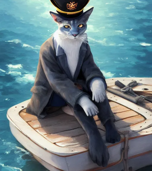 Image similar to a Russian Blue cat pirate on a boat, sitting down, captain hat, proud, shallow depth of field. By Makoto Shinkai, Stanley Artgerm Lau, WLOP, Rossdraws, James Jean, Andrei Riabovitchev, Marc Simonetti, krenz cushart, Sakimichan, trending on ArtStation, digital art