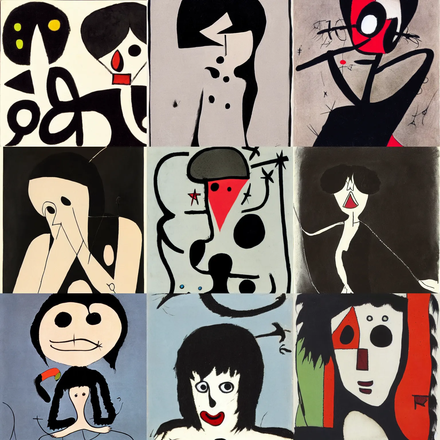 Prompt: an emo by joan miro. her hair is dark brown and cut into a short, messy pixie cut. she has large entirely - black evil eyes. she is wearing a black tank top, a black leather jacket, a black knee - length skirt, a black choker, and black leather boots.