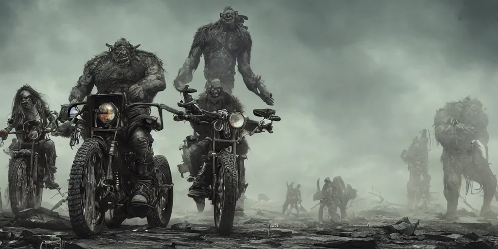 Prompt: incredibly detailed cinematic shot of a psychedelic post apocalyptic orcish biker gang, artstation, cgsociety