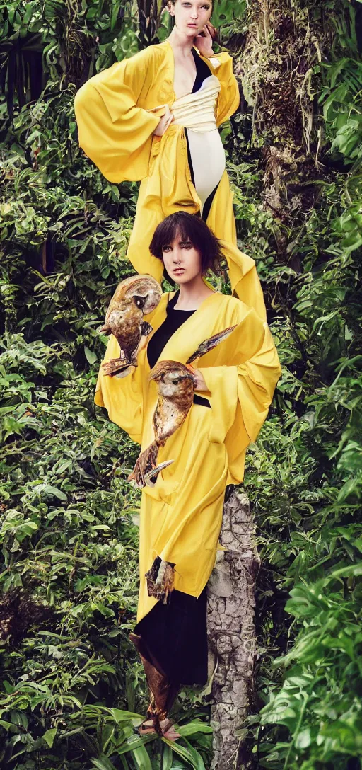 Image similar to head to shoulder portrait film photograph of an elegant top model wearing a yellow kimono with a very detailed barn owl on her shoulder!!! in a tropical greenhouse. looking at the camera!!. super resolution. 85 mm f1.8 lens.bokeh. graflex. by Alessio albi !