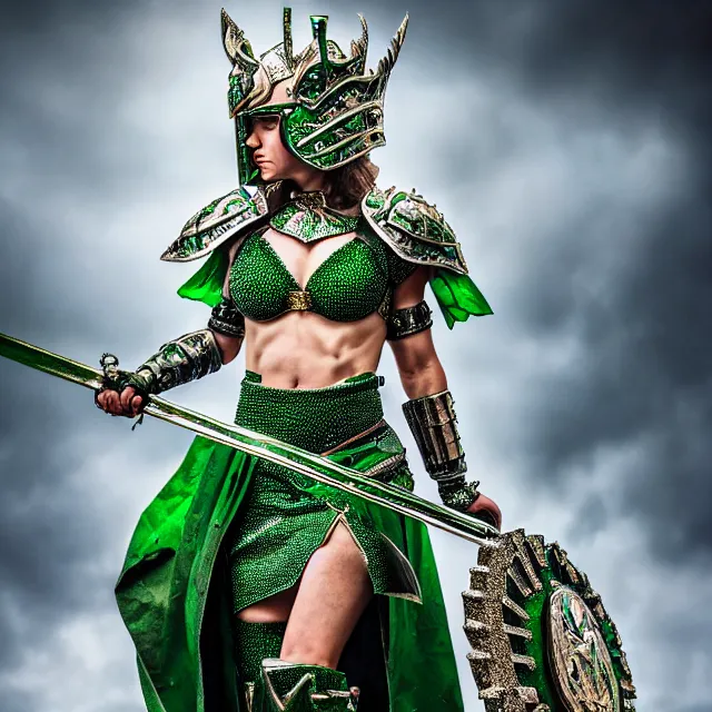 Image similar to full body photo of a beautiful cute strong warrior queen wearing emerald encrusted armour, highly detailed, 8 k, hdr, smooth, sharp focus, high resolution, award - winning photo