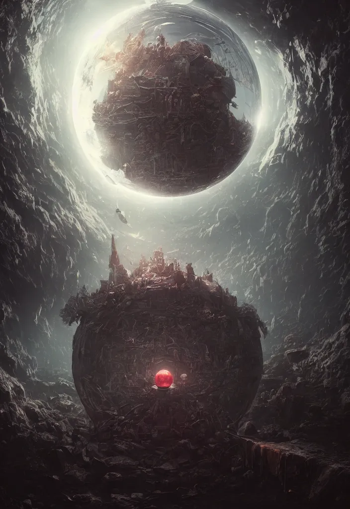 Image similar to a tiny world inside a crystal ball by greg rutkowski, sung choi, mitchell mohrhauser, maciej kuciara, johnson ting, maxim verehin, peter konig, bloodborne, 8 k photorealistic, cinematic lighting, hd, high details, dramatic, dark atmosphere, trending on artstation