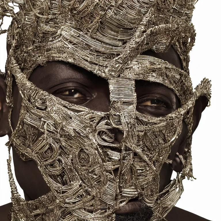 Prompt: hypperrealism octane render portrait by wayne barlow and carlo crivelli and glenn fabry, an afrrican mandinka dancer wearing an elaborate costume made of long strips of aluminum foil and hand - carved mask with intricate painted details surrounded by neon light tubes, cinema 4 d, ray traced lighting, very short depth of field, bokeh