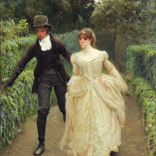 Image similar to young victorian man and woman traversing a maze, painted by alfred stevens