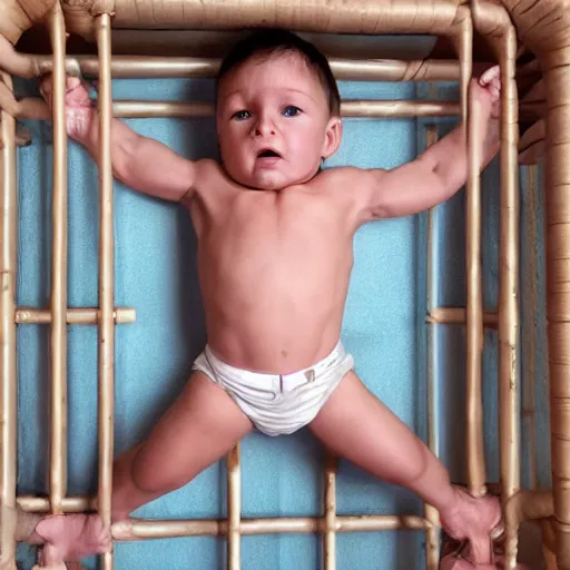 Image similar to huge muscles bodybuilder but as a baby in a crib, genetically engineered, rippling muscles, huge veins, bulging muscles, ripped, flexing, intense expression, award winning photography, high detail