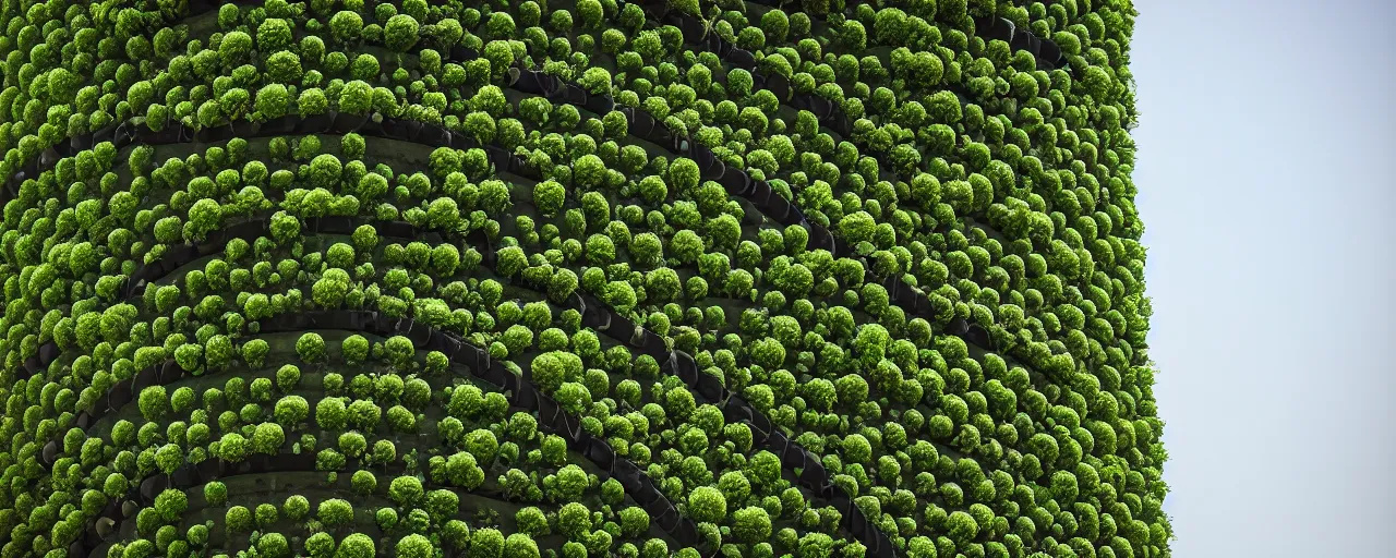 Prompt: torus shaped electrostatic water condensation collector tower, irrigation system in the background, vertical gardens, in the middle of the desert, XF IQ4, 150MP, 50mm, F1.4, ISO 200, 1/160s, natural light