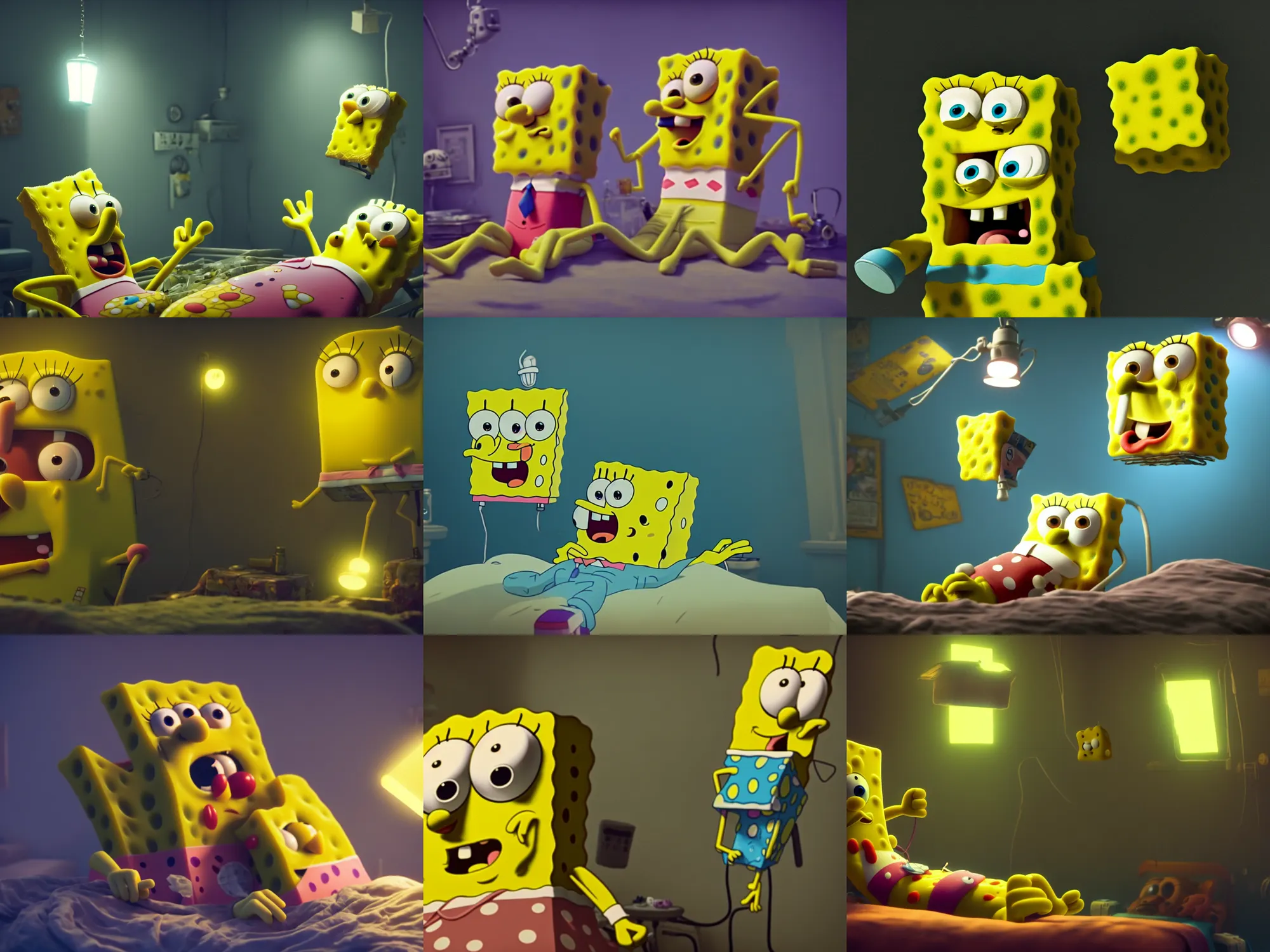 Prompt: close up of elderly Spongebob at his death bed, in the style of Beeple, cinematic lighting, concept art, 4k