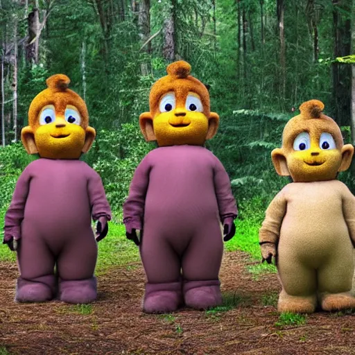 Prompt: photo of feral cryptid sasquatch teletubbies in the woods