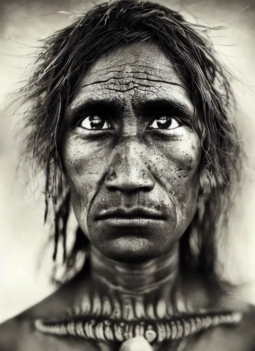 Image similar to Award winning Editorial photo of a Native Nauruans with incredible hair and beautiful hyper-detailed eyes wearing traditional garb by Lee Jeffries, 85mm ND 5, perfect lighting, gelatin silver process